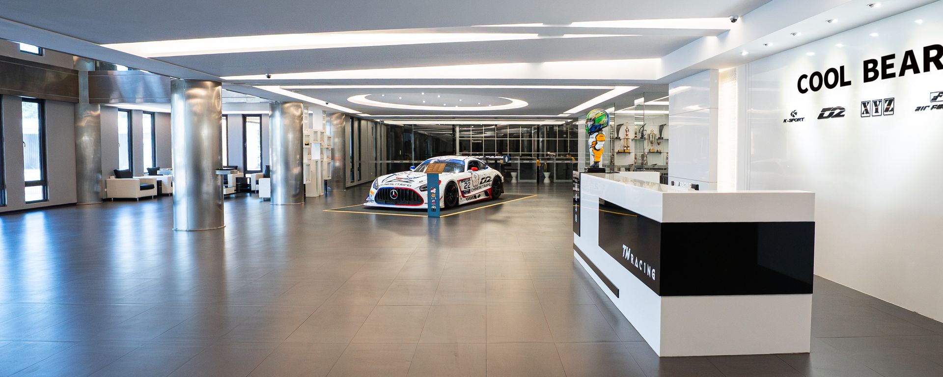 Headquarters lobby with a race car on display
